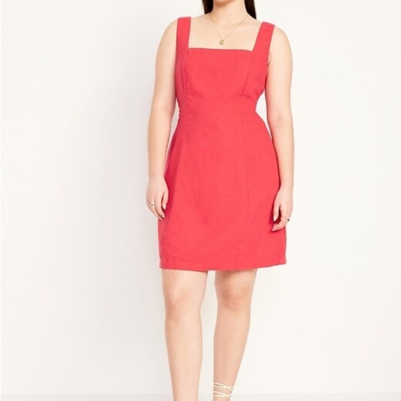 Old Navy Red Mini Dress Square Neck Sleeveless Linen - Picture 2 of 6